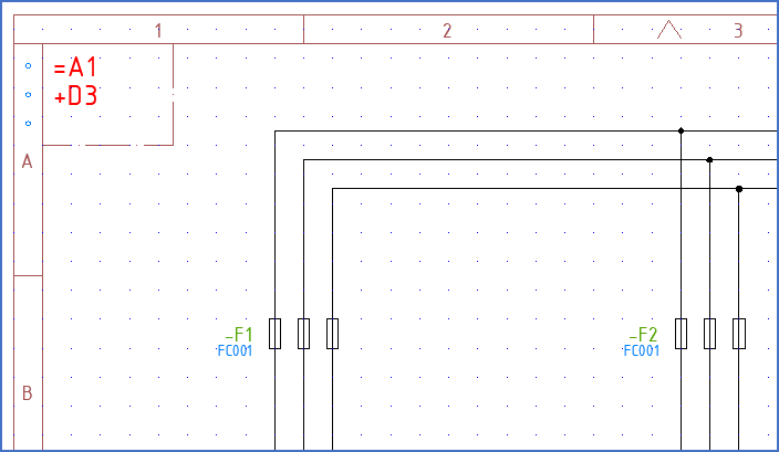 Figure 8:  The complete item designation of the left fuse in this example is =A1+D3-F1 according to the IEC1346 implementation that is used in the Demo IEC1355 English sample project.