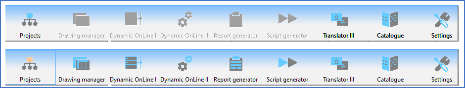 Figure 122:  Shown at the top is how the module icons look when no project is open. Shown at the bottom is how they look once a project is open.