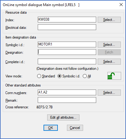 Figure 363:  In the OnLine dialogue, the symbolic item designation is displayed in this way. Please note that the "View mode" is set to "Symbolic i.d.".