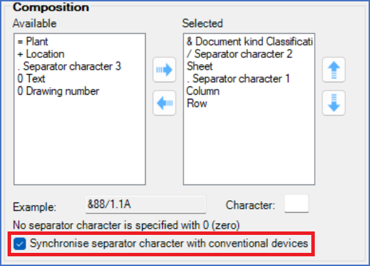 Figure 429:  The "Synchronise separator character with conventionel devices" check-box for "Composition of cross-references"