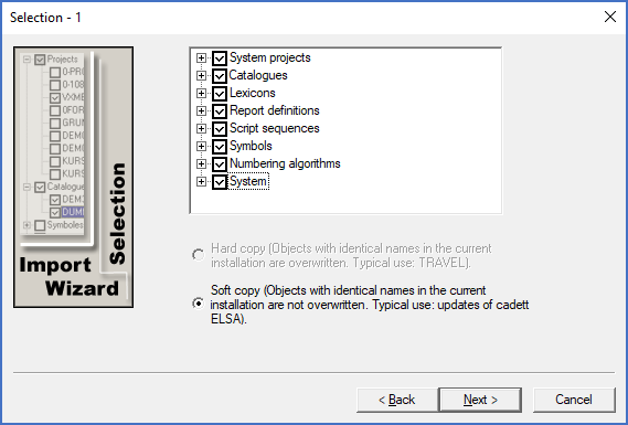 Figure 36:  You can decide in greate detail exactly what to import. Soft copy (no overwrite) is most common, and always used for updates. Hard copy (only available in cadett ELSA Enterprise) is used for travelling.