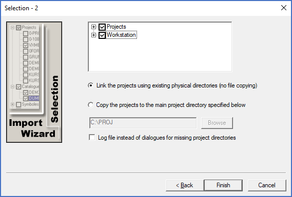 Figure 37:  Projects can be included in the import. Either you link to the directories where the projects are already located, or you copy the content of the projects to a new location. "Link" is typically used for updates.