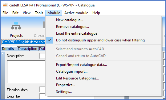 Figure 46:  The "Module" pull-down menu in the Catalogue