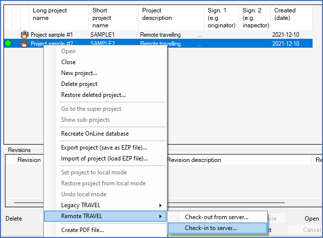 Figure 249:  To check-in a project to the server remotely, right-click the project, select "Remote TRAVEL" and "Check-in to server...".