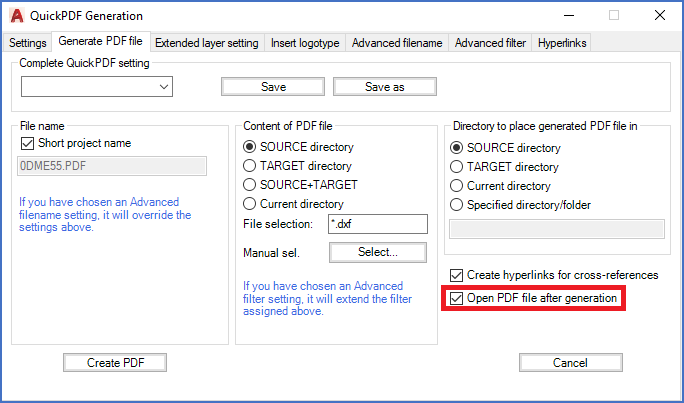 Figure 1031:  The "Open PDF file after generation" option