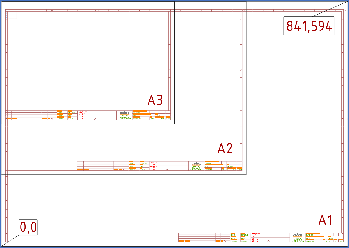 Figure 692:  This figure shows a clever way of having the same start point, column width and row height in three drawing frame sizes, so that they can co-exist in the same project.