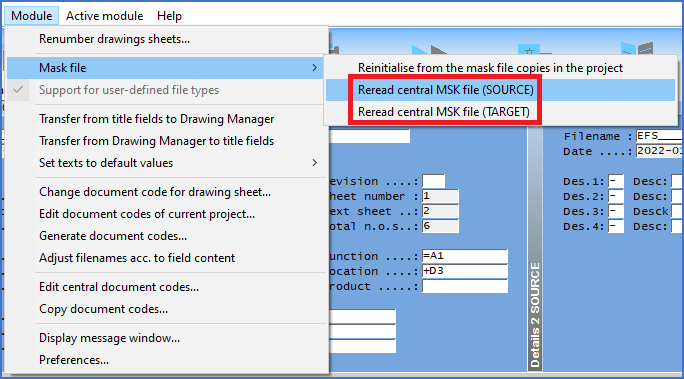 Figure 675:  The two "Reread central MSK file" commands are located in the "Mask file" sub-menu of the "Tools" pull-down menu