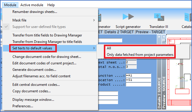 Figure 677:  The "Set texts to default values" sub-menu of the "Module" pull-down menu.