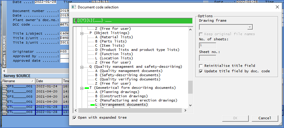 Figure 651:  The user has selected two sheets and then given the command "Change document code for drawing sheet...". The dialogue makes it possible to choose other document codes.