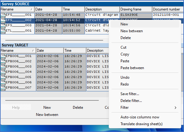 Figure 545:  The "New" command is located in the context menu of the survey, among other places. Please pay attention to whether you right-click in the SOURCE or the TARGET.