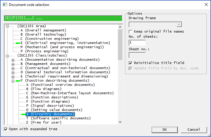 Figure 629:  Default document codes are the ones of the originals, if those are correctly specified. The defaults are shown in plain language in the upper part of the dialogue and with green markings in the tree structures.