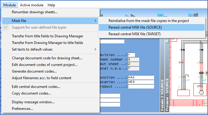 Figure 562:  The "Reread central MSK file (SOURCE)" command is located in a sub-menu of the "Module" pull-down menu.