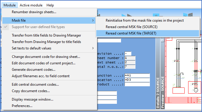 Figure 562:  The "Reread central MSK file (TARGET)" command is located in a sub-menu of the "Module" pull-down menu.