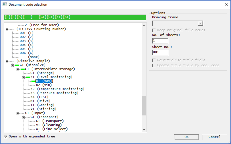 Figure 598:  When creating new sheets, the user selects document codes for document kind and location within the plant structure, as shown here.
