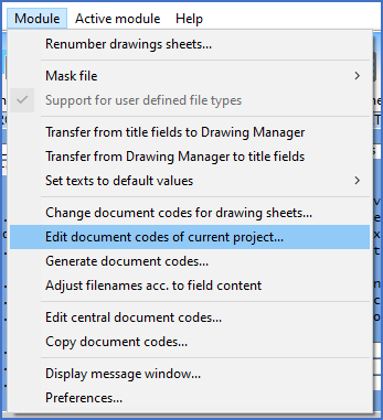 Figure 602:  The "Edit document codes of current project..." command is used to extend the plant tree or to make other alterations to the document codes of the project.