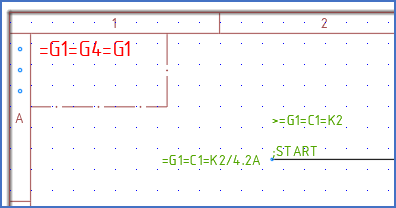 Figure 608:  In the second sheet, which has the function designation =G1=G4=G1, a second potential reference symbol is inserted. The first potential reference is selected. Here is the result.