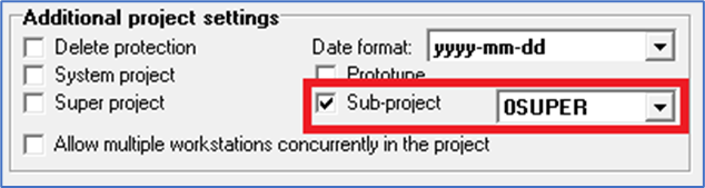 Figure 1671:  A project is turned into a sub-project by checking the "Sub-project" checkbox and selecting which super project the sub-project should belong to. 