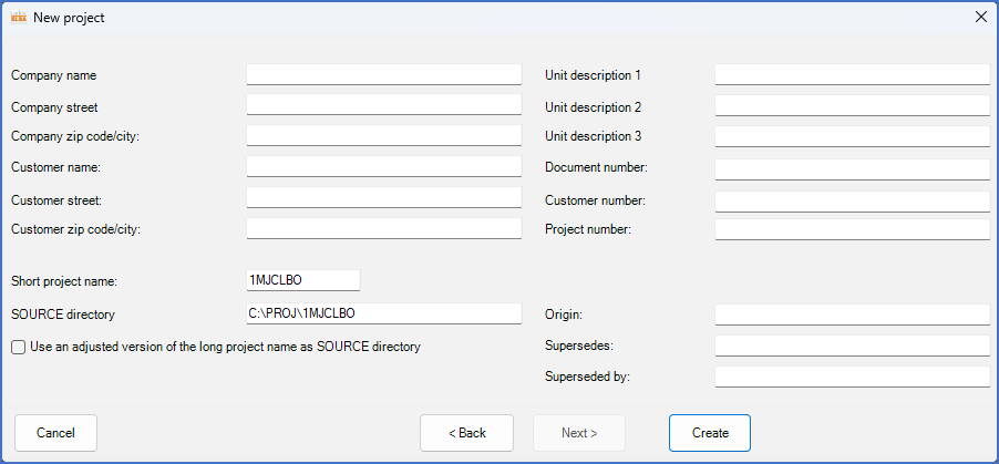 Figure 65:  In the second step of the creation of a new project, you can add text information to project parameters, adjust "short project name" and "SOURCE directory".