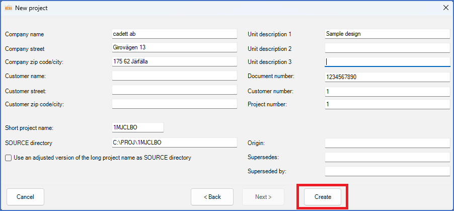 Figure 66:  The "Create" button is used to create the new project.