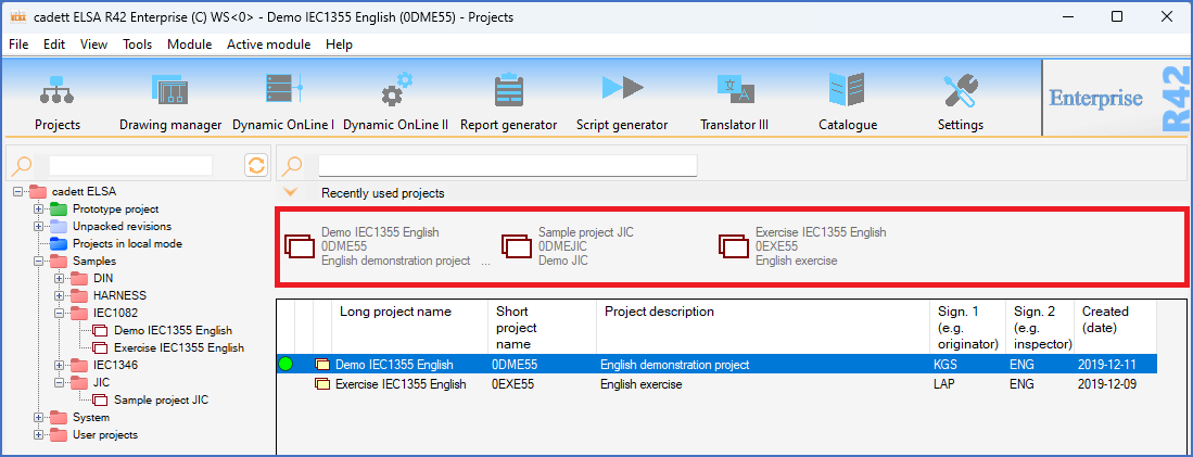 Figure 159:  Here, three recently used projects are listed.