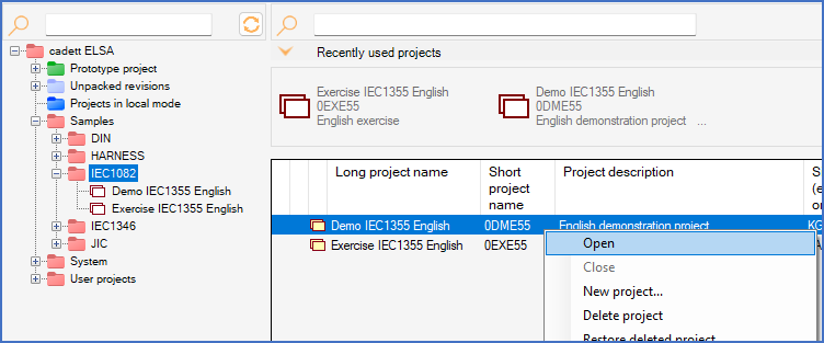 Figure 83:  Opening a project using the detailed projects list context menu