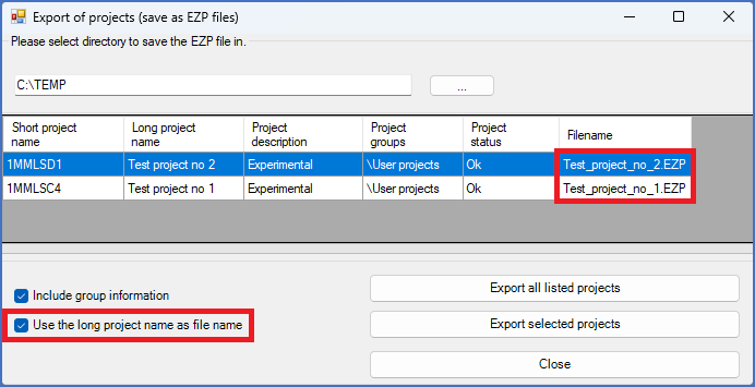 Figure 168:  "Use the long project name as file name" has been activated.