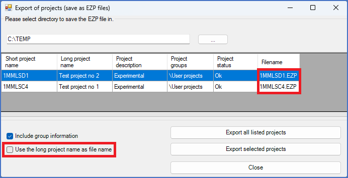 Figure 169:  "Use the long project name as file name" has been deactivated.