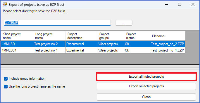 Figure 170:  In this example, both projects in the list will be exported, despite the fact that only one of them has been selected.