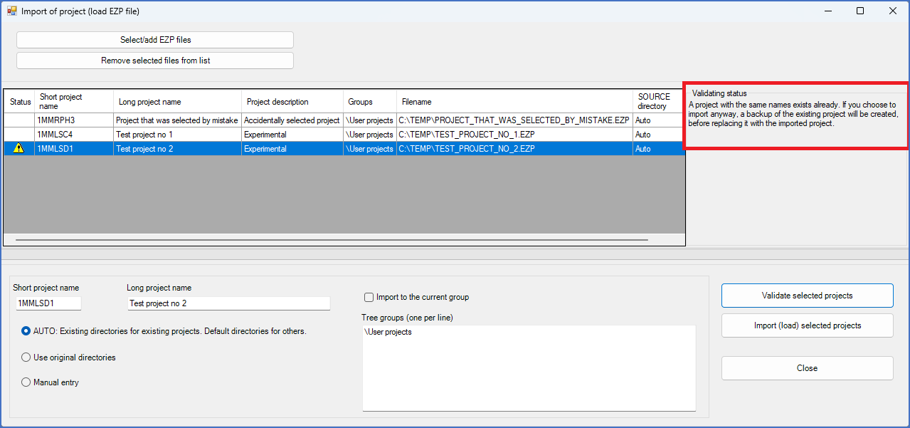 Figure 180:  Validated projects without issues will have an empty validating status message. Projects with issues will have an explanation of those issues in the same field, like the one that is shown here.