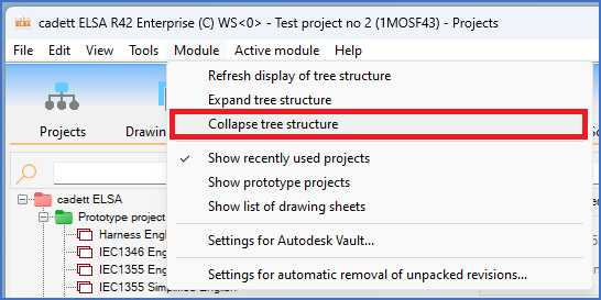 The "Collapse tree structure" command in the "Module" pull-down menu