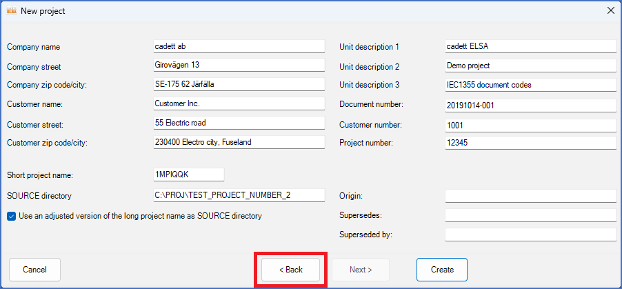 Figure 149:  The "<Back" button brings you back to the previous page of the "New project" dialogue.