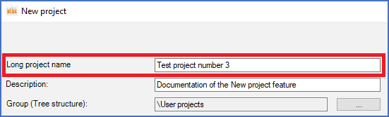 Figure 128:  A unique "Long project name" is mandatory.