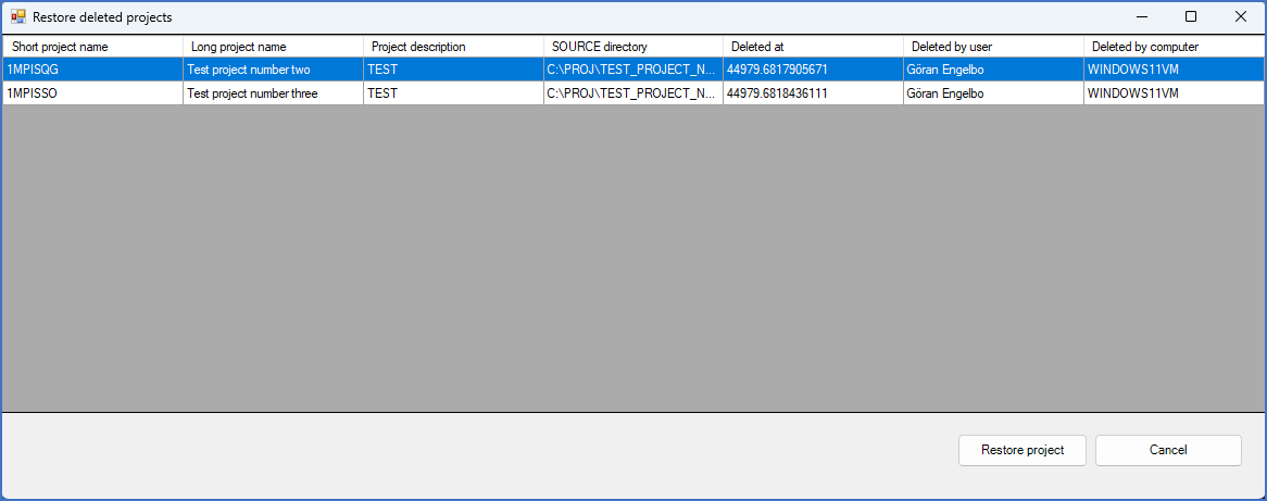 Figure 156:  The "Restore deleted projects" dialogue box