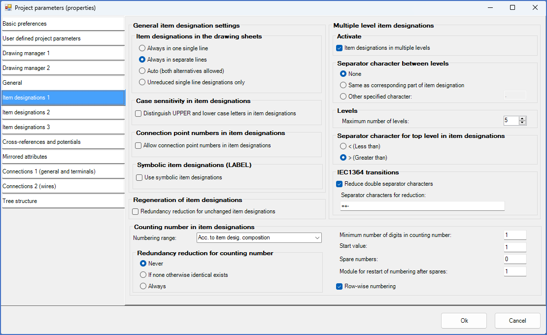 Figure 382:  The "Item designation 1" tab of the project parameters of the "Exercise IEC1346/1355" sample project