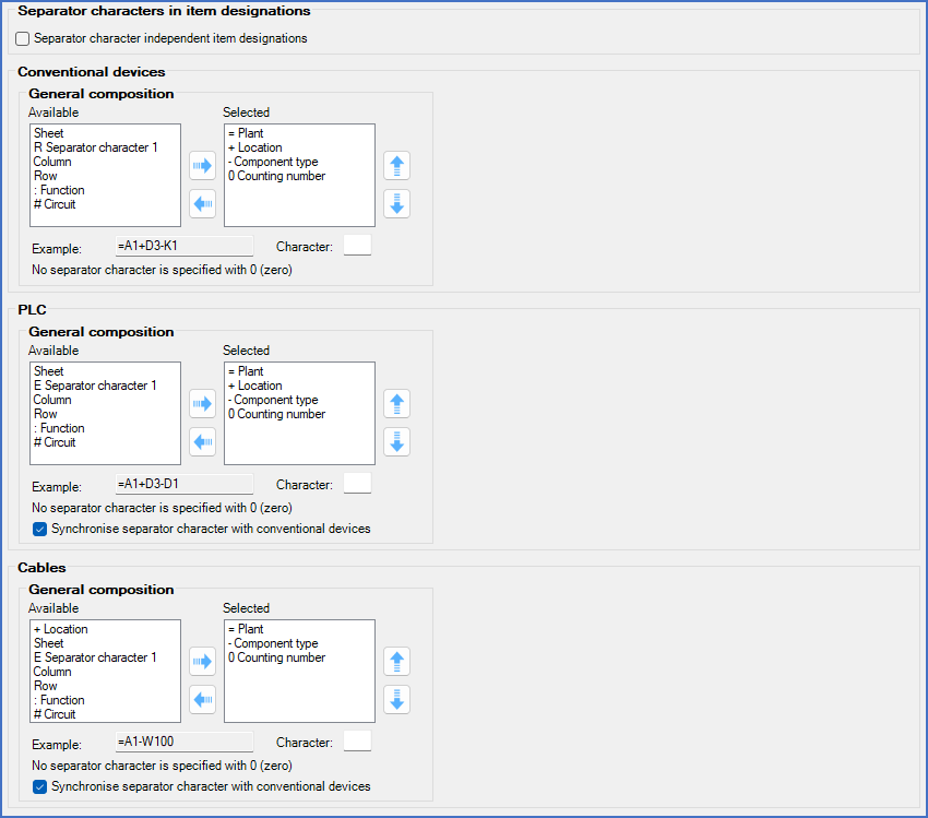 Figure 399:  This figure shows the "General composition" of item designations for "Conventional devices", "PLC" and "Cables" when "Separator character independent item designations" is deactivated. The corresponding composition for terminals is found in the "Item designations 3" tab.