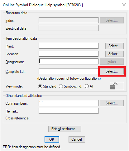 Figure 1684: The item designation of the help contact may be typed manually, but it is also possible to select it, even if the main symbol is placed in another sub-project. Please use the ”Select” button shown in this figure.