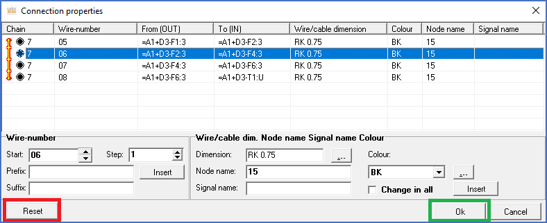 Figure 1283: "Reset" to the left marked with red, and "Ok" to the right marked with green