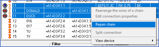 Figure 1188: The "Repair chain" command in the context menu of the wire list
