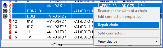 Figure 1286: The "Repair chain" command in the context menu of the wire list