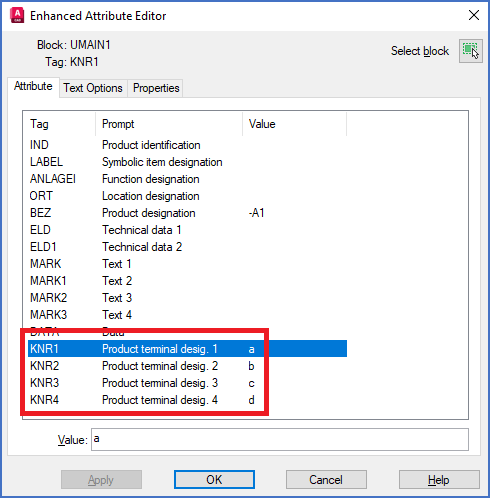 Figure 833: The "Enhanced Attribute Editor" dialogue box is displayed when using the "Extended Attribute Editing" command (CAELEATTEDIT). The connection point sequence in that dialogue shown in this figure, is controlled this way as well.