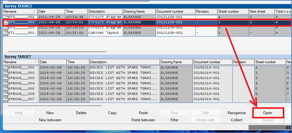 Figure 645:  One method of opening a drawing sheet is to first select the sheet in question and then click the "Open" button in the toolbar.