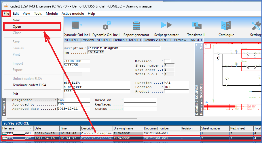 Figure 650:  A second way of opening a drawing sheet, is to first select the sheet in question, and then select the "Open" command in the "File" pull-down menu.