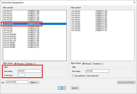 Figure 1685:  The selection dialogue can present all item designation in the entire super project. You may however need to adjust the filter to include the designations that you currently are interested in.