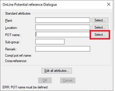 Figure 1675:  It is of course possible to type the potential name, but it can also be selected, even from other sub-projects. Click the "Select" button as showed in the figure.