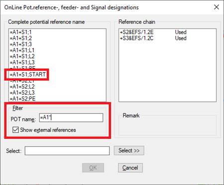 Figure 1493:  Check "Show external references" and adjust the filter so that potential references from other sub-projects are included in the list. You can then select sole potentials from other sub-projects, as shown in the figure.