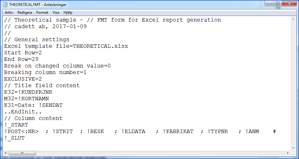 Figure 1447:  Theoretical example of an FMT form for an Excel report. In reality the fields of it are too narrow for practical use.