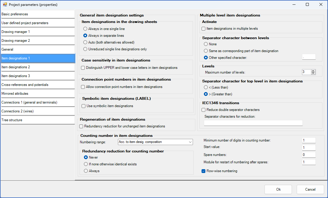 Figure 521:  Please note that "Item designations in many levels" is inactive, and that "Separator character independent item designations" is inactive as well.