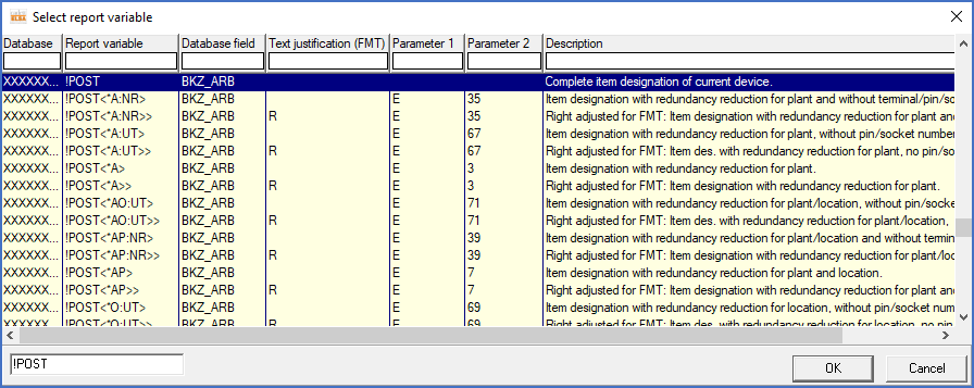 Figure 1232:  The selection dialogue for report variables