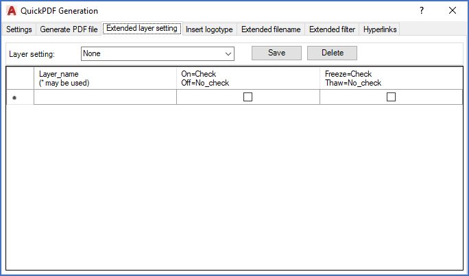 Figure 993:  The "Extended layer-setting" tab before any settings have been added