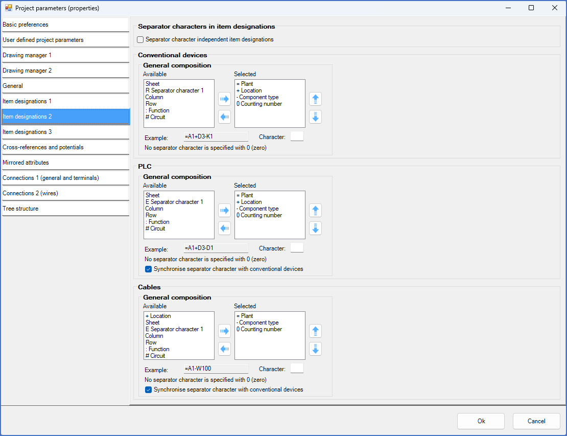 Figure 508:  The composition shown here is traditional, with three aspects in the most common sequence. Please note that redundancy reduction is active for both plant and location, and that the check-box "Separator character independent item designations" is unchecked.